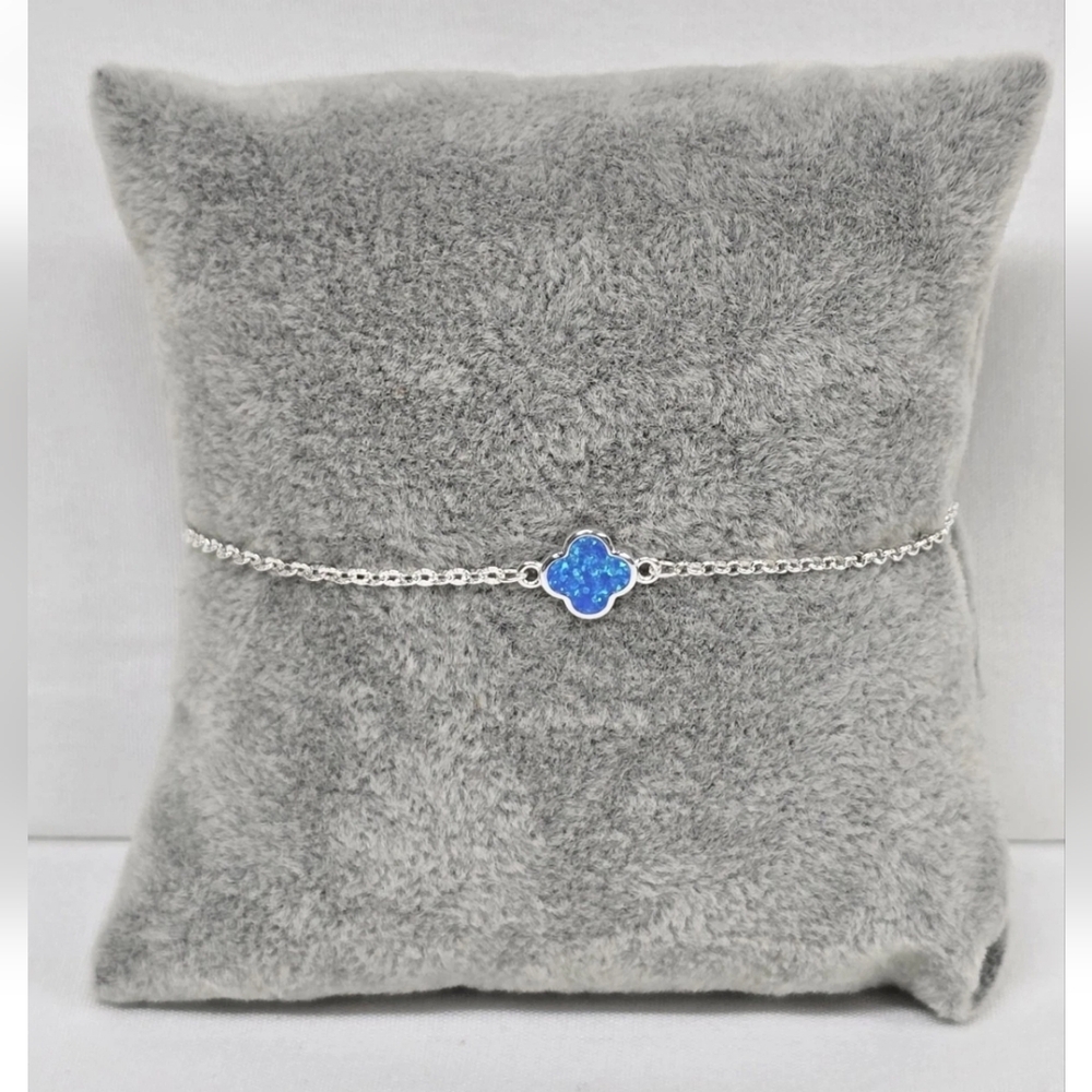 Blue Opal Van Four Leaf Clover Charm Bracelet Adjust.925 Mexican Sterling Silver
